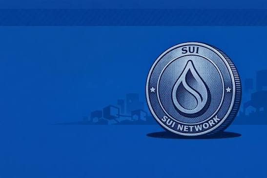 A silver coin featuring a water drop design and the text 'SUI' and 'SUI NETWORK' is displayed against a blue background with a faint city skyline.