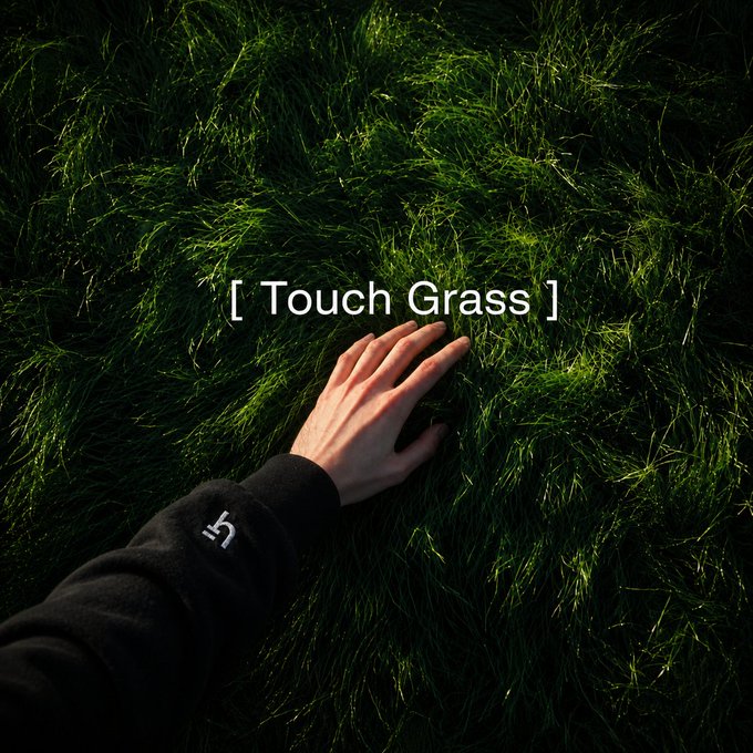 A hand reaches out to touch green grass with the text '[ Touch Grass ]' overlaid in white.