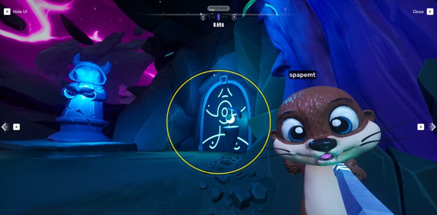 A screenshot from a video game featuring an otter character named 'spapemt' in a dark blue cave environment with purple sky and an arched door displaying glowing runes.