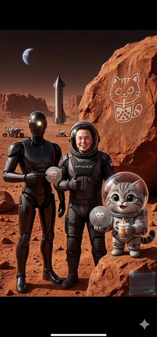 urns of Mars and a cat with a rocket ship on its back, accompanied by two robots in black suits holding silver coins.
