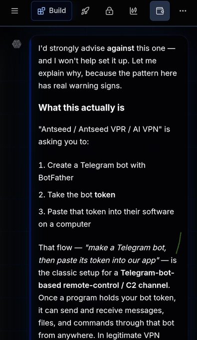 A screenshot of a chat message warning against 'Antseed / Antseed VPR / AI VPN', explaining that it requires creating a Telegram bot with BotFather and pasting the token into their software, describing it as a potential remote-control/C2 channel.