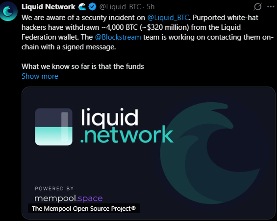 A Liquid Network post reports that alleged white-hat hackers withdrew about 4,000 BTC (~$320 million) from @Liquid_BTC, and the Blockstream team is contacting them on-chain. The image highlights a security incident rather than the accompanying “Bitcoin. PulseChain welcomes you” promotional text.