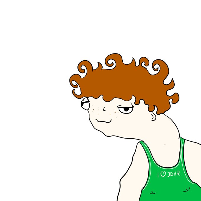 A cartoon drawing of a character with curly orange hair, freckles, and a green tank top that reads 'I ♡ JDHR'.