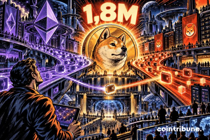 A vibrant crypto-themed illustration by cointribune showing a futuristic cityscape with a large Shiba Inu dog face in the center, labeled '1,8M', flanked by Ethereum logos on the left and Shiba Inu banners on the right.