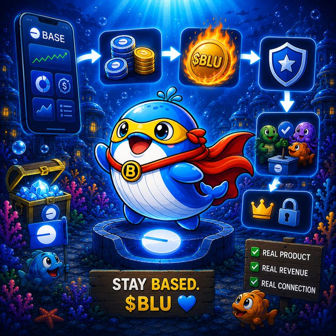 A colorful digital illustration featuring a cartoon whale character dressed as a superhero, surrounded by crypto-themed graphics including the 'BASE' app icon, coins, a flaming '$BLU' token, and a checklist reading 'REAL PRODUCT', 'REAL REVENUE', and 'REAL CONNECTION' above the text 'STAY BASED. $BLU'.