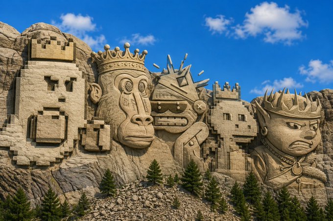 Large stone sculptures carved into a mountainside featuring crowned faces and castle-like pixelated structures under a blue sky.