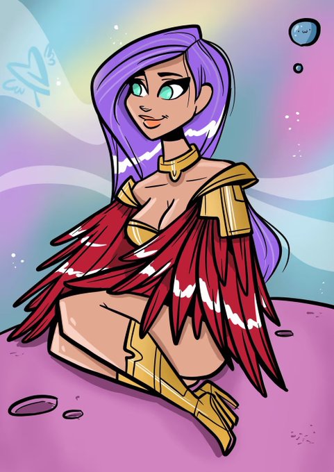An anime-style digital illustration depicts a woman with long purple hair, teal eyes, and red feathered attire with gold armor accents, smiling in a pastel-colored environment.