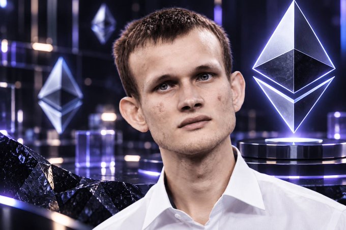 A young man with short brown hair wearing a white collared shirt poses in front of a backdrop featuring illuminated Ethereum (ETH) cryptocurrency logos and futuristic dark graphics.