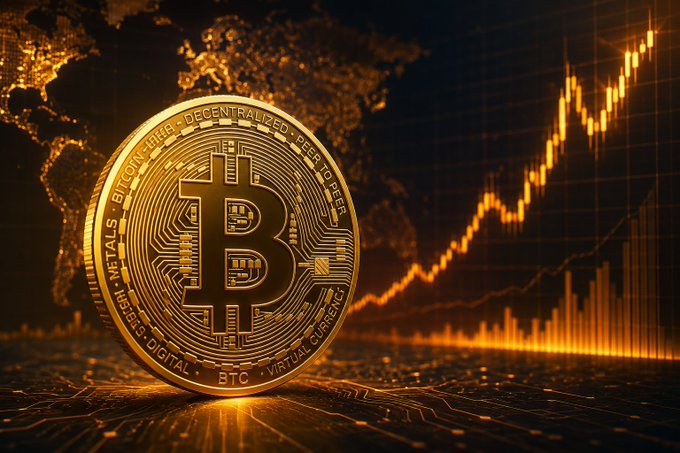 A glowing golden Bitcoin coin displayed against a world map and an ascending orange price chart.