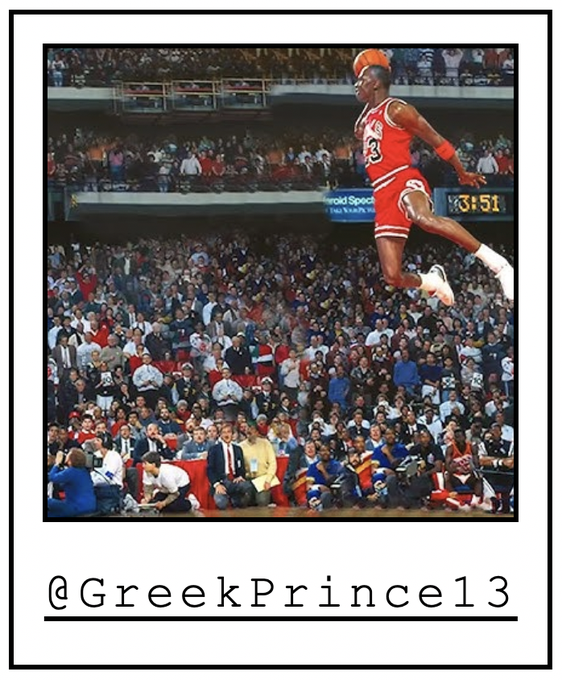 A Polaroid-style photo showing Michael Jordan in his iconic #23 Chicago Bulls jersey leaping through the air during the famous free-throw line dunk, captioned '@GreeekPrince13'.