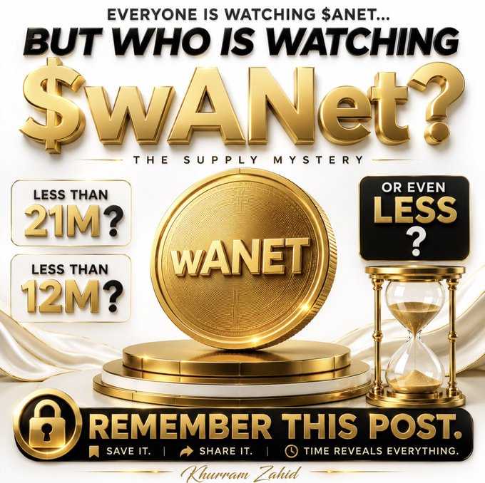 A gold-themed promotional graphic for "$wANet" titled "The Supply Mystery," questioning whether the token has less than 21M, 12M, or even less circulating supply, with a padlock icon and the tagline "Remember This Post." The image reinforces the accompanying post's claim that while $ANET gets the spotlight, the $wANet token's limited supply is being overlooked.