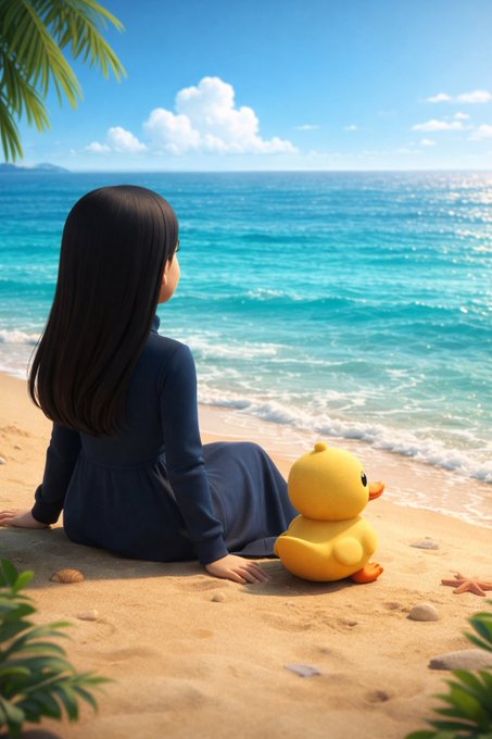 The image features a girl sitting on the beach next to a yellow rubber duck, both facing away from each other. The background of the photo shows an ocean view with waves crashing onto the shoreline. The caption for this image reads "Gm CT Well, I think you don' t always have to have a big account to grow Sometimes you can go up with a small account Wallchain has made it possible for even small accounts to have a chance at success @wallchain".