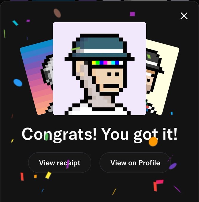 A pixel-art NFT-style character wearing a hat and headphones appears on a celebratory screen reading “Congrats! You got it!” with buttons to “View receipt” or “View on Profile.”