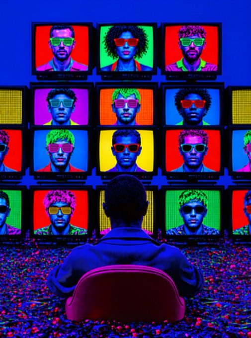 A person viewed from behind sits in a chair, looking at a wall of brightly colored CRT televisions displaying the same face wearing neon sunglasses in various vibrant colors.
