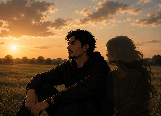 A cinematic illustration of a man and woman with long hair sitting in a field at sunset, silhouetted against an orange sky.