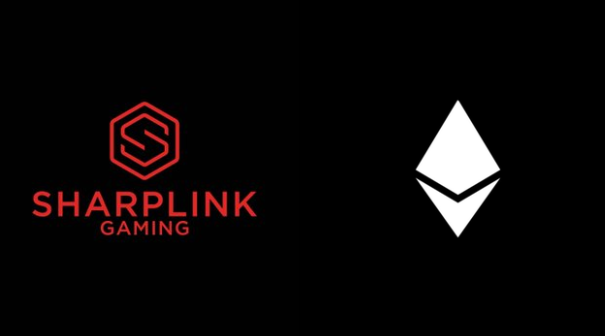 The image features the Sharplink Gaming logo in red on the left, paired with the white Ethereum (ETH) diamond symbol on the right, visually representing the post's announcement of SharpLink Gaming's major $62.4 million accumulation of nearly 40,000 ETH after an 8-month pause.