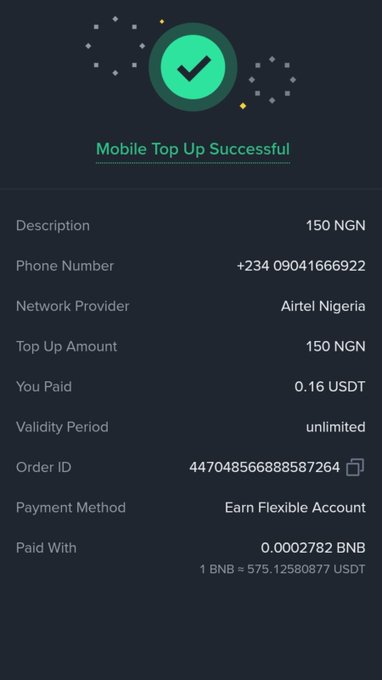 A screenshot confirming a successful 150 NGN Airtel Nigeria mobile top-up of +234 09041666922, paid with 0.16 USDT (0.0002782 BNB) using a Binance Flexible Account, illustrating the post's point that Binance now allows users to purchase airtime and data directly with cryptocurrency.