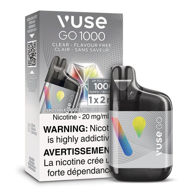 The image features a box of Vuse Go 1000 e-cigarette pods with a clear plastic case. Inside the box are two pods, one larger than the other. The larger pod has a colorful design and contains 100mg of nicotine, while the smaller one is empty. The packaging also includes an advertisement for the product, which reads "Vuse Go 1000 e-cigarette pods: Clear flavor free clear scent, clear flavor & clear scent".