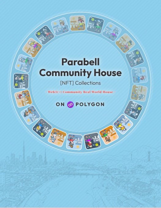The image is a promotional poster for the "Parabell Community House [NFT] Collections," featuring a circular arrangement of colorful NFT character cards surrounding the central title, with text indicating it's a "Web3(+) Community Real World House" on the Polygon blockchain, set against a light blue background with a city skyline silhouette.

This visual ties to the post about Parabell's crowdfunding campaign (#PCHクラファン), illustrating the NFT collection aspect of the project and its connection to the STEPN and HEAL3 communities that the post is encouraging listeners to learn more about and support.