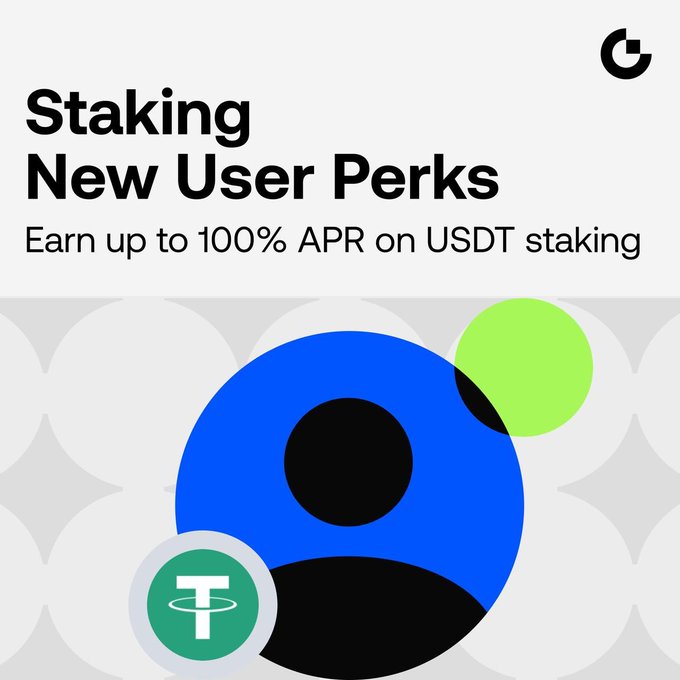A promotional graphic for 'Staking New User Perks' offering 'Earn up to 100% APR on USDT staking' with a user profile icon and Tether (USDT) logo.