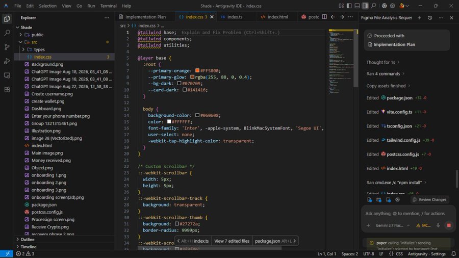 VS Code editor displaying a project named 'Shade' with index.css open, showing Tailwind CSS layer configurations and custom scrollbar styles, alongside an AI assistant panel indicating an implementation plan in progress.