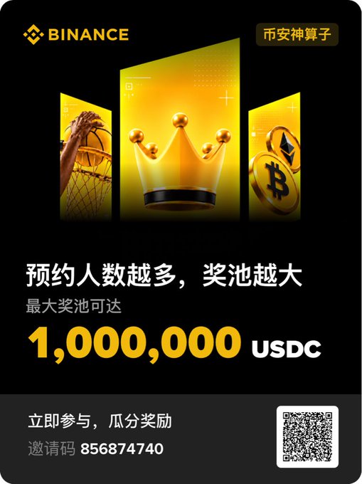 A Binance promotional poster in Chinese stating '预约人数越多，奖池越大' (the more people who sign up, the bigger the prize pool), offering up to 1,000,000 USDC, with an invitation code 856874740 and QR code.