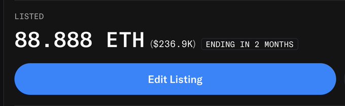 A digital listing screen showing '88.888 ETH ($236.9K) ENDING IN 2 MONTHS' with an 'Edit Listing' button.