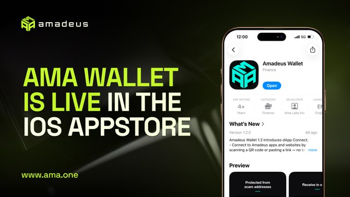 Promotional graphic announcing 'AMA WALLET IS LIVE IN THE IOS APPSTORE' by Amadeus, showing the app listing and website www.ama.one.