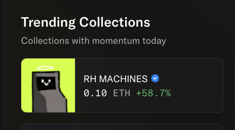 The image shows an OpenSea "Trending Collections" widget highlighting the RH MACHINES NFT collection, priced at 0.10 ETH with a notable +58.7% gain, reinforcing the post's bullish narrative about the "Rise of the Machines" BTC Ordinals project ($PRINTER).