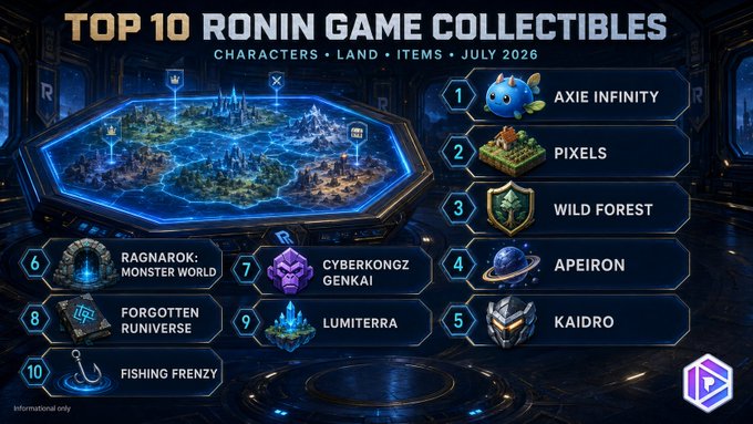 Marketing graphic titled 'TOP 10 RONIN GAME COLLECTIBLES' (July 2026) ranking Axie Infinity, Pixels, Wild Forest, Apeiron, Kaidro, Ragnarok: Monster World, Cyberkongz Genkai, Lumiterra, Forgotten Runiverse, and Fishing Frenzy.