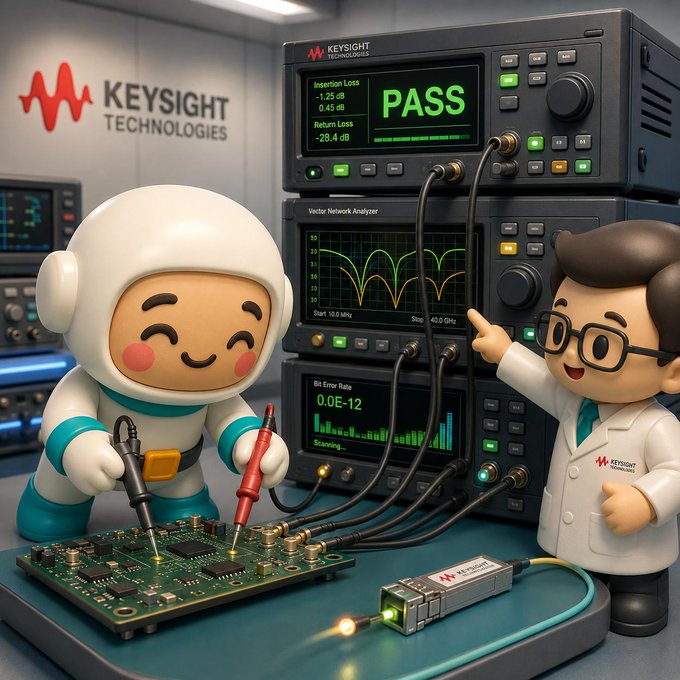 A 3D cartoon-style illustration depicting a cute mascot character and a scientist in a lab coat testing a circuit board with Keysight Technologies equipment, which displays a green 'PASS' screen and various measurement graphs.