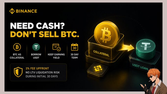A Binance advertisement reading "NEED CASH? DON'T SELL BTC." promoting USDT loans using BTC as collateral with a 1% upfront fee and 30-day term.