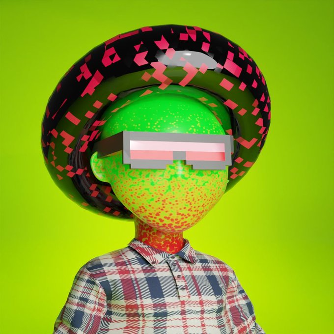 3D-rendered character with a green speckled face, pixelated red sunglasses, and a black/pink pixelated cowboy hat, wearing a plaid shirt against a bright green background.