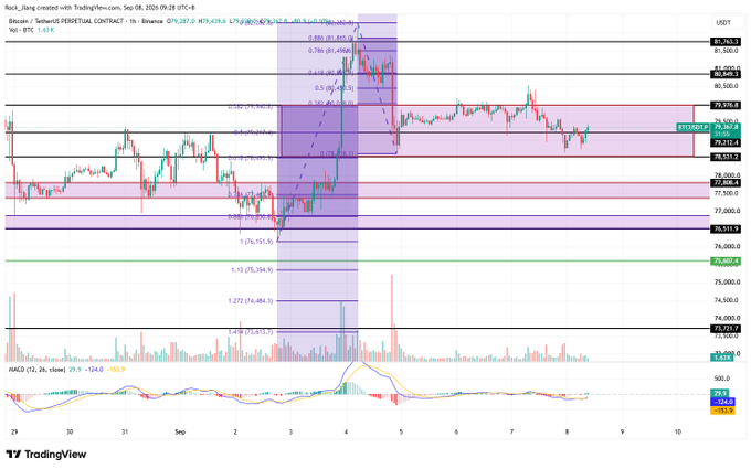 A TradingView candlestick chart for Bitcoin (BTC/USDT PERPETUAL CONTRACT) on Binance showing price action, Fibonacci retracement levels, and MACD indicators.
