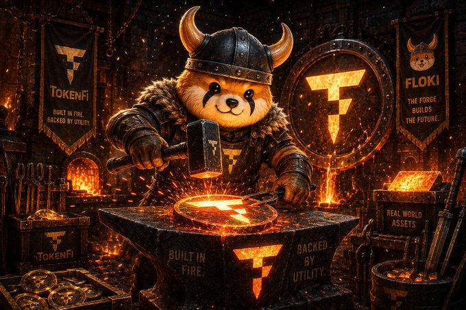 A Viking-helmeted Shiba Inu mascot (Floki) forges a glowing TOKENFI logo on an anvil surrounded by fire and banners reading "TOKENFI - Built in Fire, Backed by Utility," "FLOKI - The Forge Builds the Future," and "Real World Assets," visually symbolizing the post's theme of the Floki and TokenFi ecosystem being "built in fire" through hard work and resilience.