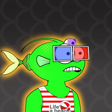 A green cartoon fish-like character wearing 3D glasses and a red-and-white striped tank top with 'Life's a beach' text, with a glowing yellow outline on a dark patterned background.