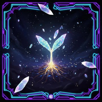 A glowing crystalline sprout with translucent butterfly-like leaves emerges from a radiant root system against a dark cosmic background, framed by an ornate purple and teal neon border. Floating crystal shards surround the luminous plant, visually representing the digital growth and flourishing potential of the Enjin Sprout NFT as it approaches its one-year milestone.