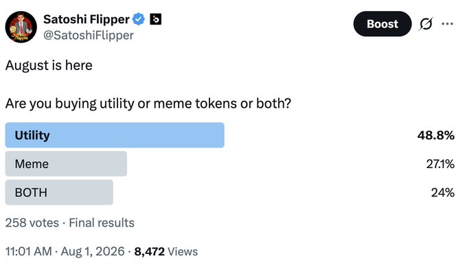 A Twitter poll from 'Satoshi Flipper' (@SatoshiFlipper) asks 'Are you buying utility or meme tokens or both?' showing 48.8% for Utility, 27.1% for Meme, and 24% for BOTH.