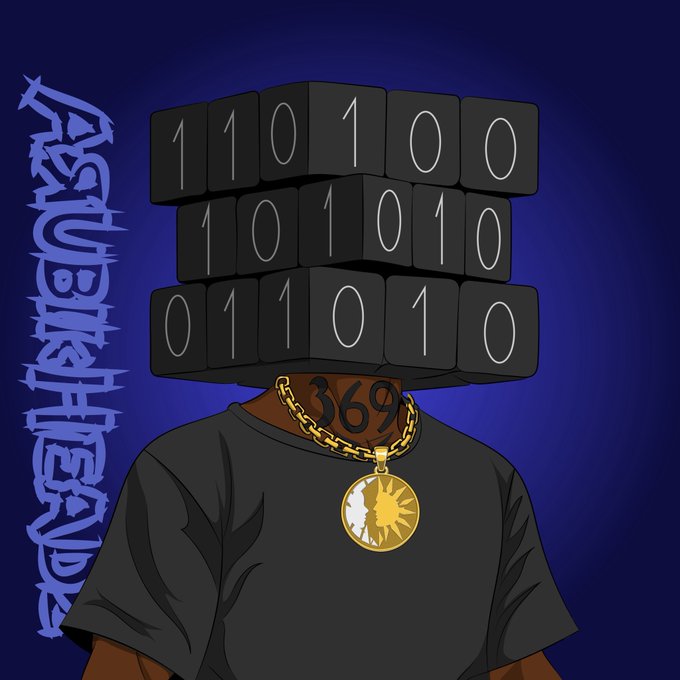 A digital illustration of a figure in a black t-shirt wearing a gold chain with '369' on the neck and a sun medallion, with binary code blocks (110100, 1001010, 011010) forming the head, alongside stylized blue graffiti text reading 'PERSUASIONHEAD'.