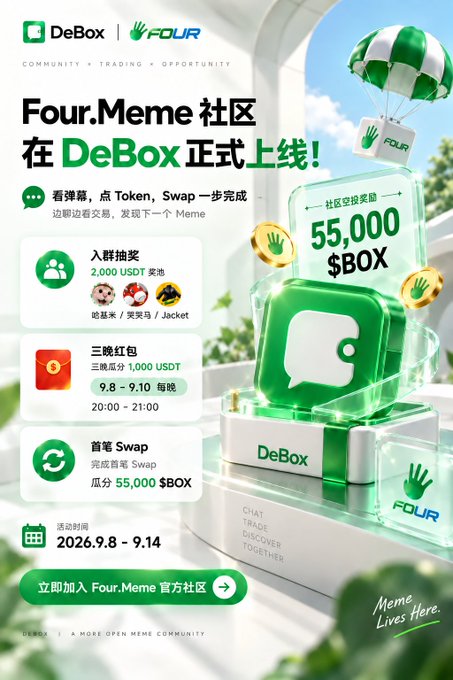 The image is a promotional poster announcing the official launch of the Four.Meme community on DeBox, featuring a 3D render of a green DeBox wallet with parachutes descending over a $BOX reward block labeled "社区空投奖励 55,000 $BOX." Key details include a 2,000 USDT group join reward (with prizes like a Fomo dog / Shiba / Jacket), three rounds of 1,000 USDT red packets from 9.8–9.10 at 20:00–21:00, and a first Swap event sharing 55,000 $BOX, running from 9.8–9.14, 2026. The tagline "Meme Lives Here" reinforces the campaign's focus on community-driven meme trading.
