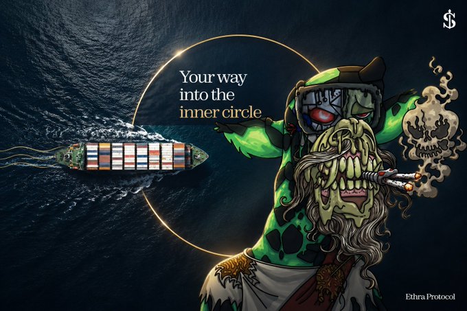 A promotional graphic for 'Ethra Protocol' featuring a green, zombie-like pirate character smoking a cigar, with the text 'Your way into the inner circle' and an image of a cargo ship on the ocean.