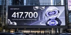 A billboard advertisement for 'Optiver' showing the number '417,700' described as 'A growing network for a smarter internet,' featuring a robot mascot.