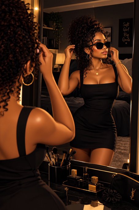 A woman with curly hair wearing sunglasses and a black dress admires her reflection in a mirror, surrounded by makeup brushes and perfume bottles, with a neon sign reading "Safe Girl Buy Goals."