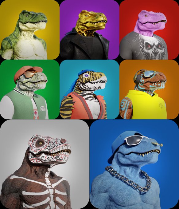 A grid of eight colorful 3D-rendered anthropomorphic dinosaur characters, each dressed in different outfits and accessories against vibrant solid backgrounds.