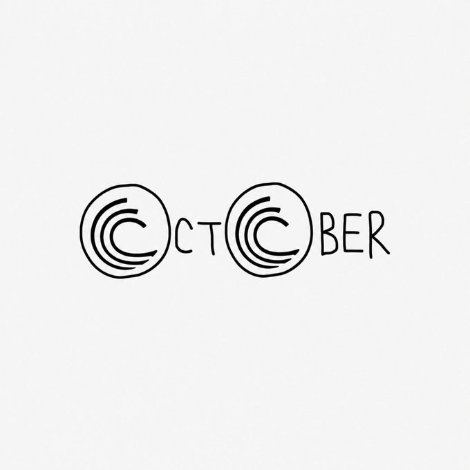 A simple hand-drawn logo reads "OCTOBER" with the two "O" letters styled as swirling spiral designs against a plain white background, visually reinforcing the post's theme of October as a month of transformation through its cyclical, transforming shapes.
