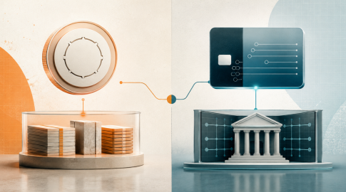 Split illustration contrasting coins stacked in a circular display on the left with a classical government/bank building and a digital credit card on the right, connected by an orange and blue line.