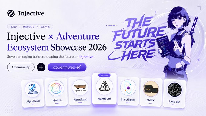 An advertisement for the 'Injective x Adventure Ecosystem Showcase 2026' featuring the text 'The Future Starts Here' alongside an anime-style character and icons for projects like AlphaSwipe, Injineum, Agent Land, MakeBook, Star Aligned, ShiftX, and Arena402.