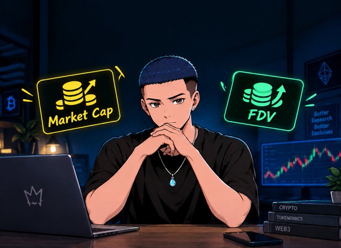 An anime-style illustration of a young man with blue hair contemplating cryptocurrency concepts, with neon-style graphics labeled "Market Cap" and "FDV" floating beside him.
