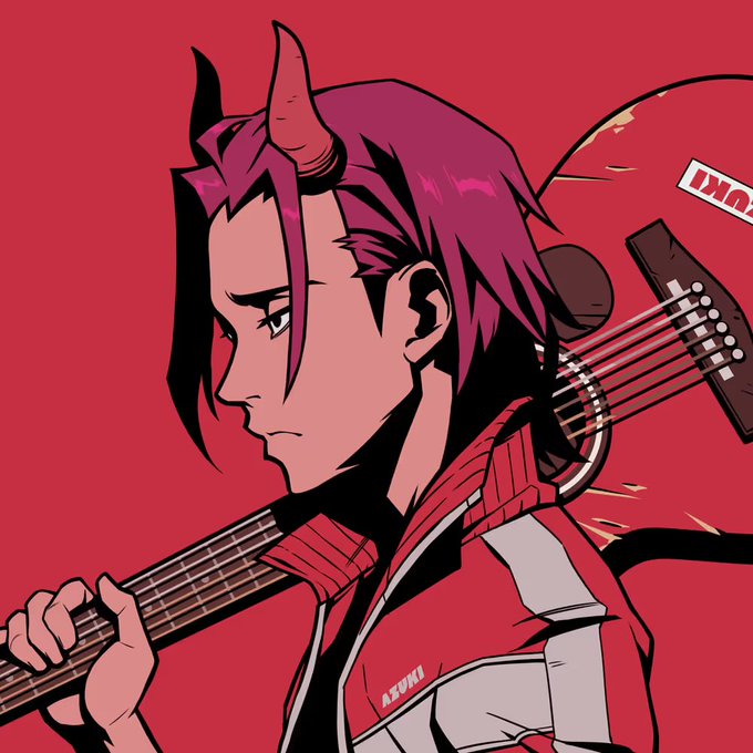 An anime-style illustration of a red-haired character with horns carrying a guitar on their back, wearing an AZUKI jacket against a red background.