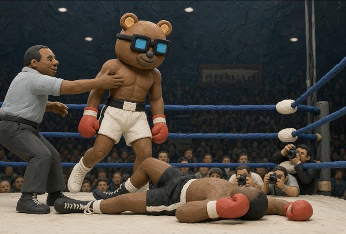 A stop-motion claymation scene of a boxing match featuring a teddy bear in red gloves and a referee, with a knocked-out boxer on the ground and photographers capturing the moment.